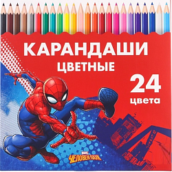Карандаши 24 цвета "Супергерой", заточенные, шестигранные, картонная упаковка, европодвес, Человек-паук