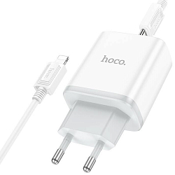 Сетевое ЗУ 1Type-C HOCO C104A, Stage, кабель Lightning-Type-C, белый