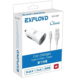 Авто ЗУ 2USB 3.4A EXPLOYD EX-Z-587, Classic, Type-C, белое