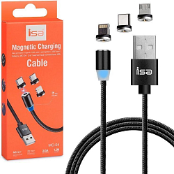 Кабель USB <--> Lightning/microUSB/Type-C  1.0м ISA MС-04 магнитный черный