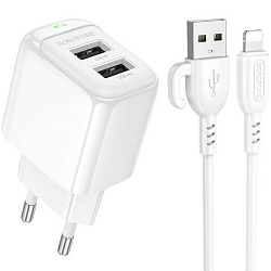 Сетевое ЗУ 2USB Borofone BAS41A Potential, белый, Lightning