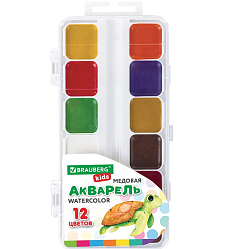 Краски акварельные BRAUBERG KIDS, медовые, 12 цветов, квадратные кюветы, пластиковый пенал