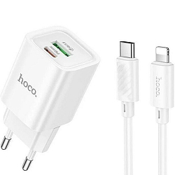Сетевое ЗУ 1USB/1Type-C 3A HOCO C149A Charm, белый, кабель Type-C - Lightning