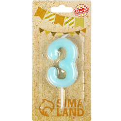 Свеча в торт "Неоновое сияние", цифра "3", светящаяся голубая, 9 см   10717226