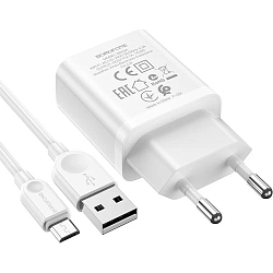 Сетевое ЗУ 1USB 2.1A BOROFONE BA52A, Gamble, microUSB, белый