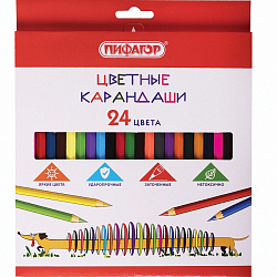 Карандаши цветные ПИФАГОР "Веселая такса", 24 цвета, шестигранные, натуральное дерево, 181808