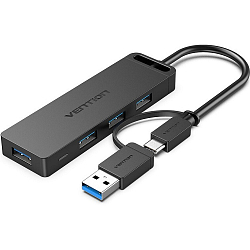 USB Type-C Хаб VENTION TGKBB Type-C to 4-Port USB 3.0 Hub with Power Supply Black 0.15M ABS Type