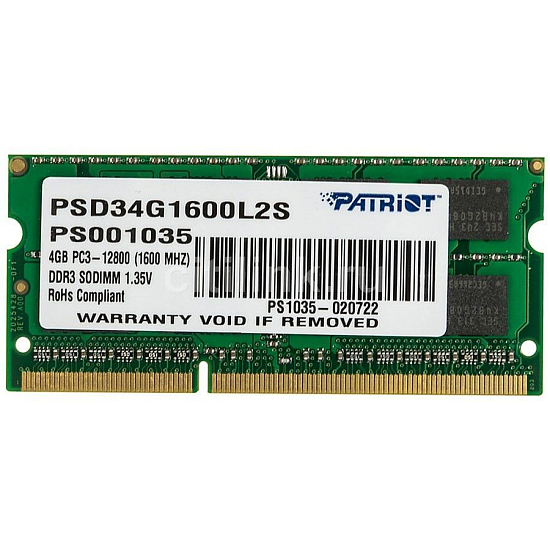 Оперативная память DDR3  4Gb PATRIOT PSD34G1600L2S SO-DIMM PC12800 SODIMM