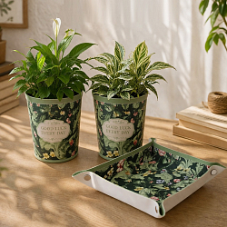 Набор кашпо зеленые цветы 2 шт. + поднос зеленый 1 шт. (уп.18х13х13)