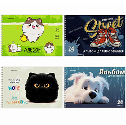 Альбом для рисования А4 24л., гребень, обложка картон, BRAUBERG, 195х285мм, МИКС-1, 107108