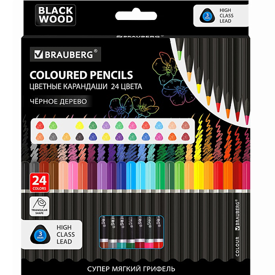 Карандаши цветные BRAUBERG BLACK WOOD, 24 цв 181949