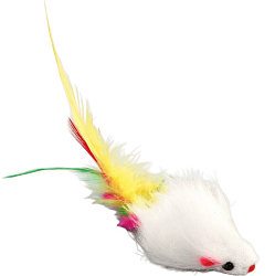 Мышь меховая однотонная с перьями 6,5 см, белая   7916103