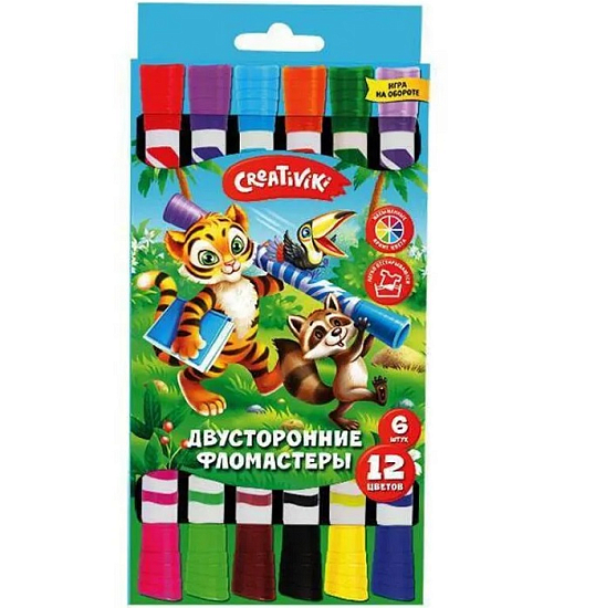 Фломастеры двусторонние 6 штук, 12 цветов ФЛД06КР