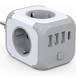 Тройник-удлинитель 1.5 метра, с USB, Type-C PowerCube, 3 гнезда 220V, 3 USB 2100mA / 1 Type-C 3400mA, c заземлением, защитные шторки, 16 A/4000 Вт.