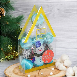 Набор украшений пластик 12шт "Домик" (9 шаров,3 шишки) 4*11,5*20 см серебро, голубой арт.2371234