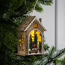 Ёлочная игрушка «Домик с Дедом Морозом и машиной», батарейки, свечение тёплое белое