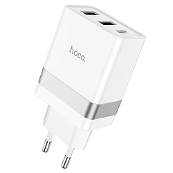 Сетевое ЗУ 2USB/1Type-C 3A HOCO N21 Pro, Tourer, белый, 30Вт, кабель 8 pin-Type-C, мятая упаковка
