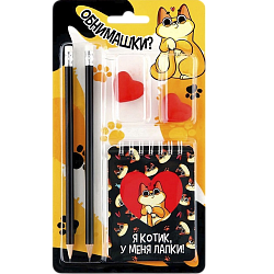 Подарочный набор «Котик», карандаши 2 шт, ластики 2 шт, блокнот