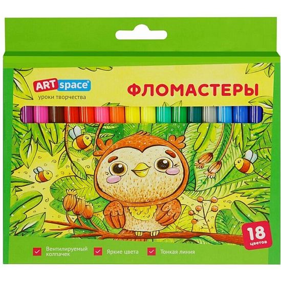 Фломастеры ArtSpace "Милые зверушки", 18цв., смываемые, картон, европодвес WP18_26926