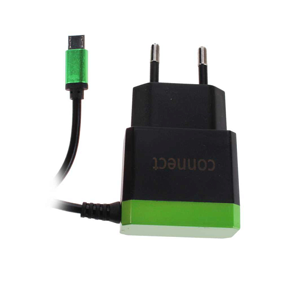 Сетевое ЗУ 2A CONNECT Technology microUSB чёрный, с зелёными вставками