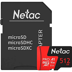 Micro SD 512Gb NETAC P500 Extreme Pro Class 10 UHS-I A1 V30 (100 Mb/s) + адаптер SD