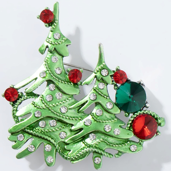 Брошь новогодняя "Ёлки" дуэт, цветная в серебре 9626891