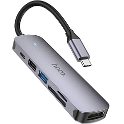 USB-Хаб HOCO HB28, серый, HDTV+USB3.0+USB2.0+SD+TF+PD, Type-C