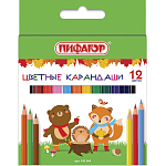 Карандаши цветные ПИФАГОР "МАЛЫШИ-КАРАНДАШИ", 12 цветов, укороченные, натуральное дерево