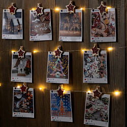 Гирлянда "Нить - Роса с насадками" 2 м, «Прищепки-звёздочки», свечение тёплое белое, ААх2, IP20