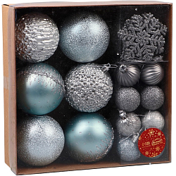 Ёлочные игрушки, набор 30 шт., «Торжество», d=7 и 3.5 см, снежинка-6.5 см, серебро/голубой