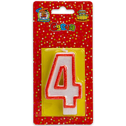 Свеча для торта Цифра 4 С-2409 с красной окантовкой с блестками