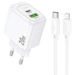 Сетевое ЗУ 1USB/1Type-C 3A HOCO CS54A Surplus, белый, кабель Type-C - Lightning