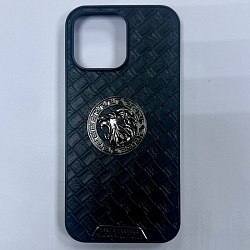 Задняя накладка МОБИЛИС для iPhone 16 Pro Max, под кожу, темно-серая с круглой эмблемой