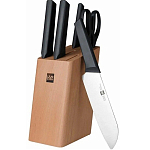 Набор стальных ножей Xiaomi (Mi) HuoHou 6-Piece Kitchen Knife Set Lite (HU0058), (4 ножа + ножницы + деревянная подставка из сосны)