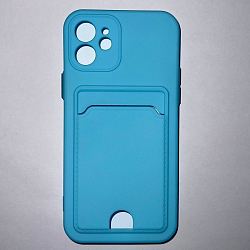 Силиконовый чехол BUTTON для iPhone 12, голубой, с карманом для пластиковых карт