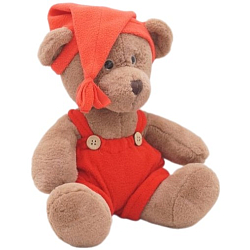 Мягкая игрушка Мишка Аха "Шоколад", 24/32 см, в красных комбинезоне и колпаке с кисточкой, 0906924S-21-28