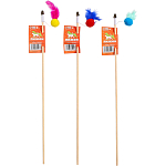 Дразнилка - удочка «Тройной мячик с перьями», на деревянной палочке, цвет МИКС