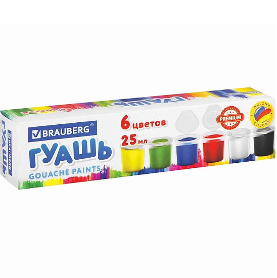 Гуашь BRAUBERG "PREMIUM", 6 цветов по 25 мл, 191699