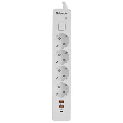Сетевой фильтр  1.5м DEFENDER DFS141, белый, 4 розетки, ПВС 3*1,5 мм2, 16А, защ. шторки