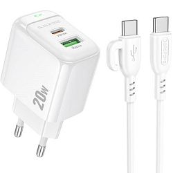 Сетевое ЗУ 1USB/1Type-C 3.0A BOROFONE BAS44A Potential, белый, кабель Type-C - Type-C,PD20W