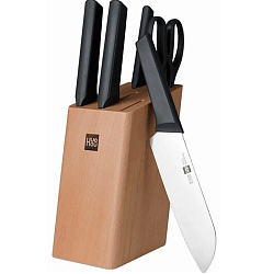 Набор стальных ножей Xiaomi (Mi) HuoHou 6-Piece Kitchen Knife Set Lite (HU0058), (4 ножа + ножницы + деревянная подставка из сосны)