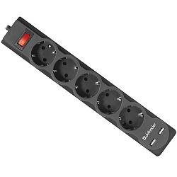 Сетевой фильтр DEFENDER DFS 753, 3.0м, 5 розеток, 2 USB, черный