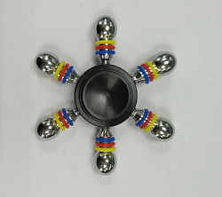 Спиннер шестигранный, металл, с каплевидными краями, с чёрным основанием, серебряный, с разноцветными вставками, в коробке