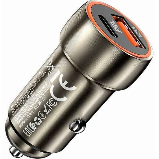 Авто ЗУ 1USB/1Type-C 3A HOCO Z46A, Blue whale, серый металлик, 18Вт