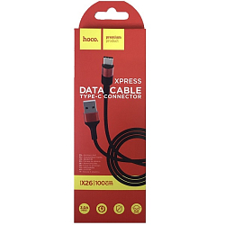 Кабель USB <--> Type-C  1.0м HOCO X26 Xpress ткань, чёрный, красная вставка