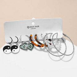 Серьги набор 5 пар "Леди" инь-ян, цветные в серебре