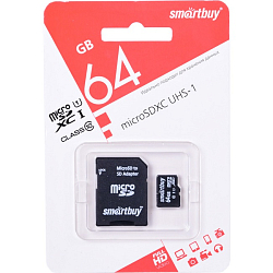 Micro SD 64Gb Smart Buy Class 10 UHS-I с адаптером SD (SB64GBSDCL10-01)