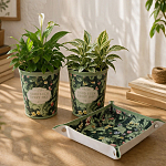 Набор кашпо зеленые цветы 2 шт. + поднос зеленый 1 шт. (уп.18х13х13)
