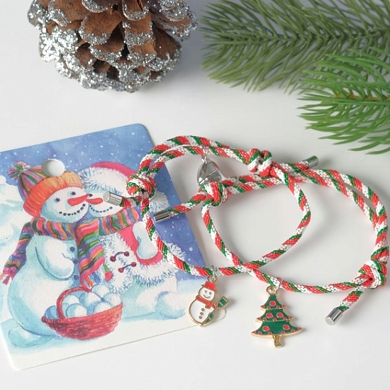 Браслеты новогодние "Неразлучники" снеговик и ёлка, на магните, цветные
