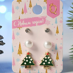 Пусеты 3 пары "Новогодние" ёлочка, цветные